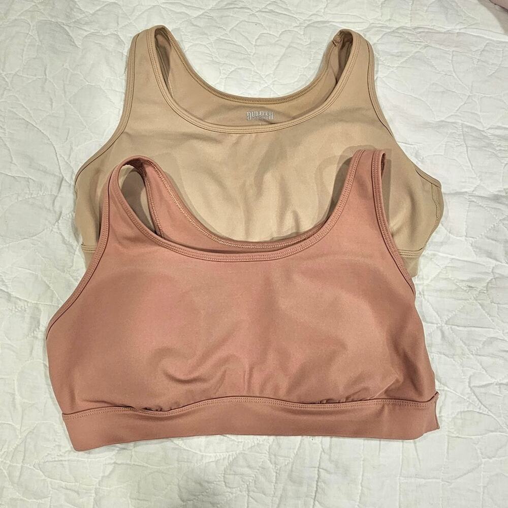 TWO Duluth Trading Women LARGE Beige Pink Low Impact Sports Bra Wireless pads